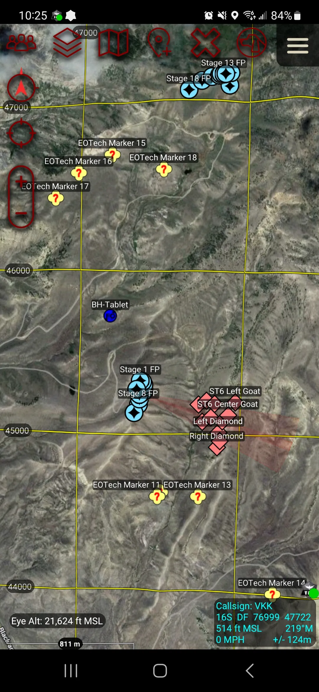 ATAK on Android showing a satellite map with EOTech markers, firing-point markers, a grid overlay and a callsign readout