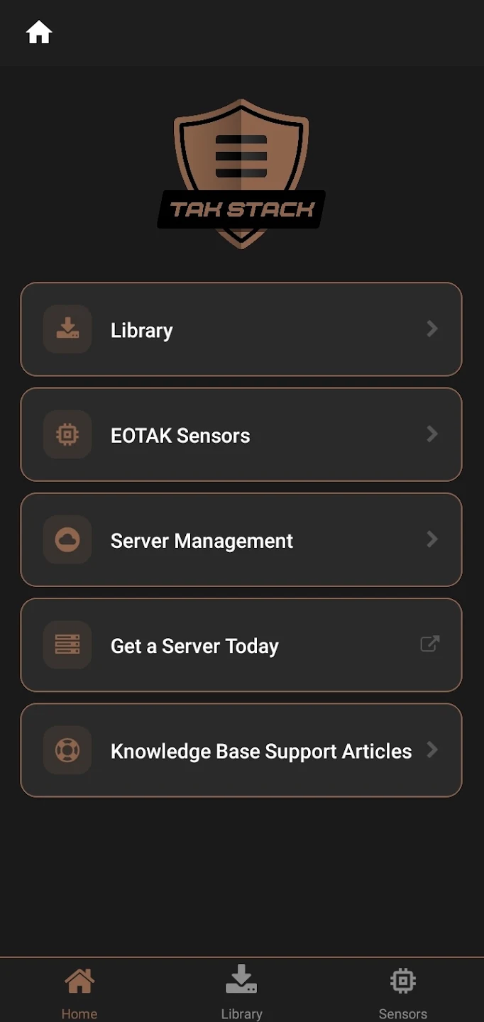 EOTAK&trade; Stack home screen with Library, EOTAK&trade; Sensors, Server Management, Get a Server Today and Knowledge Base Support Articles