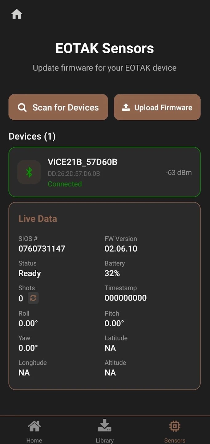 EOTAK&trade; Stack sensors screen with a connected VICE module showing firmware version, battery percentage, shot count and roll, pitch and yaw